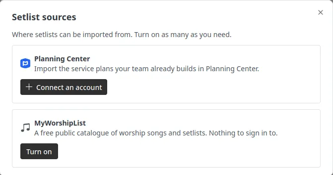 Setlist sources dialog showing Planning Center and MyWorshipList